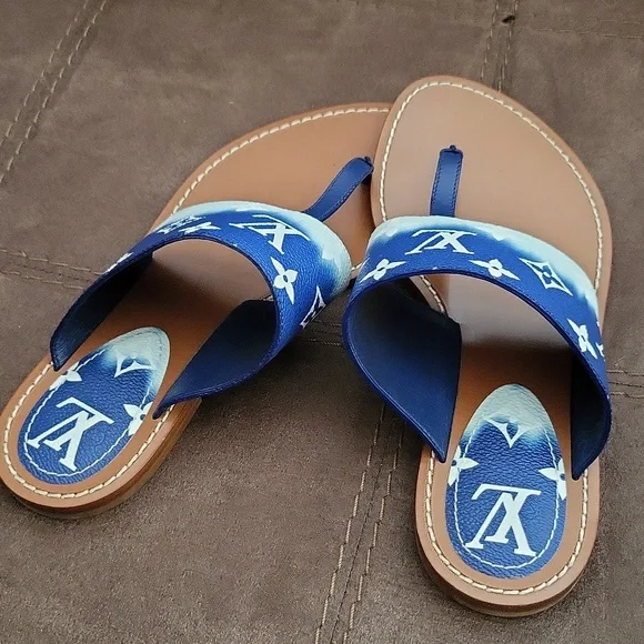Louis Vuitton Blue Escale Monogram Slide Flats Flip Flop Size 38 Lock It Mules - Picture 4 of 5